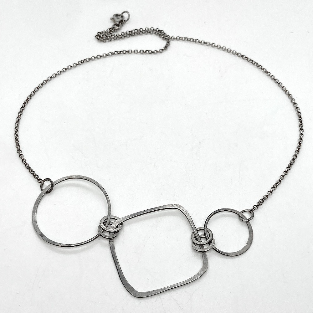 Vtg Sterling Silver Modernist Geometric Shapes Circle Square Necklace | 16” + 1”